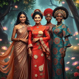 A beautiful Indian woman, a stunning Chinese woman, and a gorgeous African woman portrayed in a fantasy style