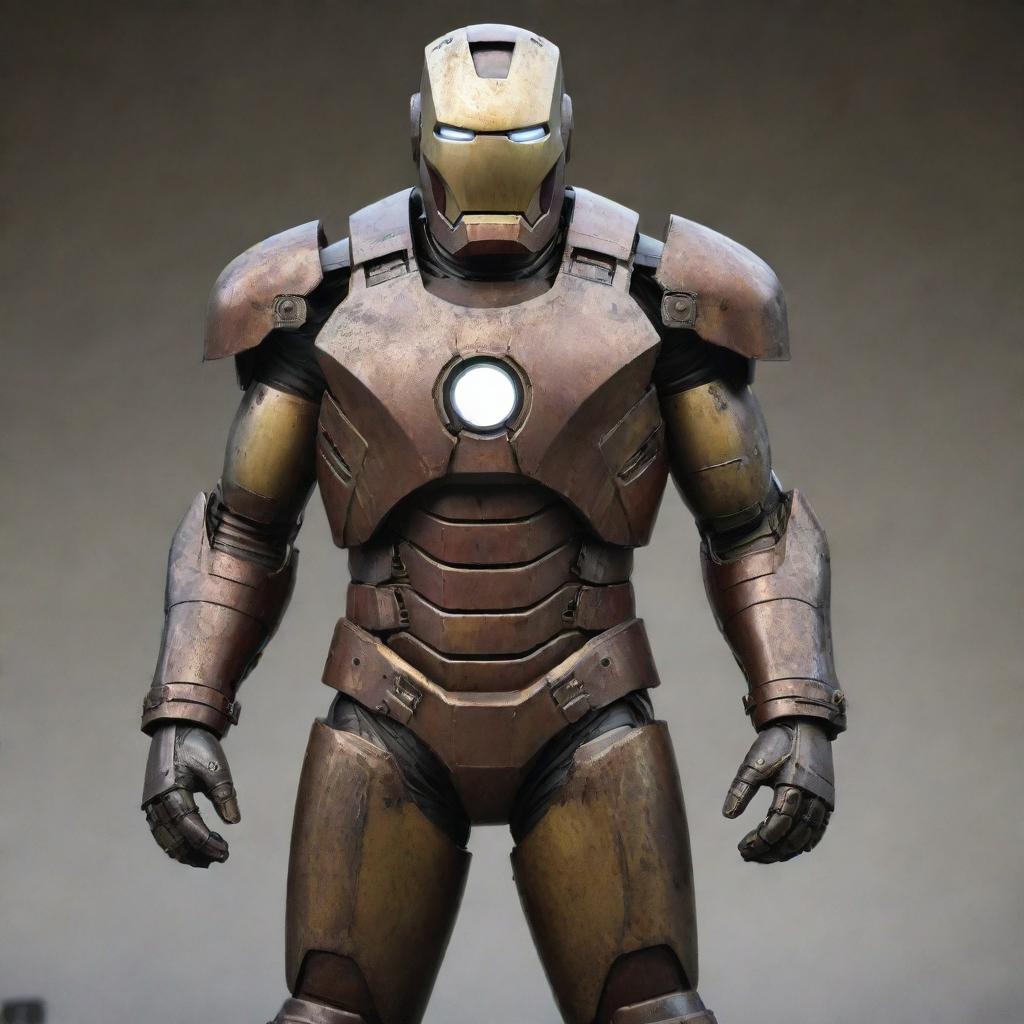 A Dieselpunk rendition of Iron Man's suit, dating back to the aesthetics of the 1940s war era. The suit has a rugged, militaristic design with dark, worn metal, bulky exhaust pipes, rivets, and a visible diesel engine, yet retains the iconic Iron Man helmet and chest light