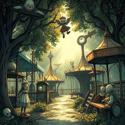 A hauntingly beautiful scene of an old theme park featuring charming puppet-like animatronics designed in an intricate ink style