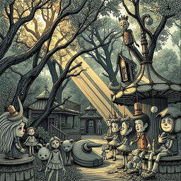 A hauntingly beautiful scene of an old theme park featuring charming puppet-like animatronics designed in an intricate ink style