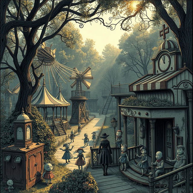 A hauntingly beautiful scene of an old theme park featuring charming puppet-like animatronics designed in an intricate ink style