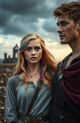 A scene capturing a woman with rainbow-colored hair, embodying resilience as she stands in a desolate landscape, showcasing the remnants of her lost kingdom