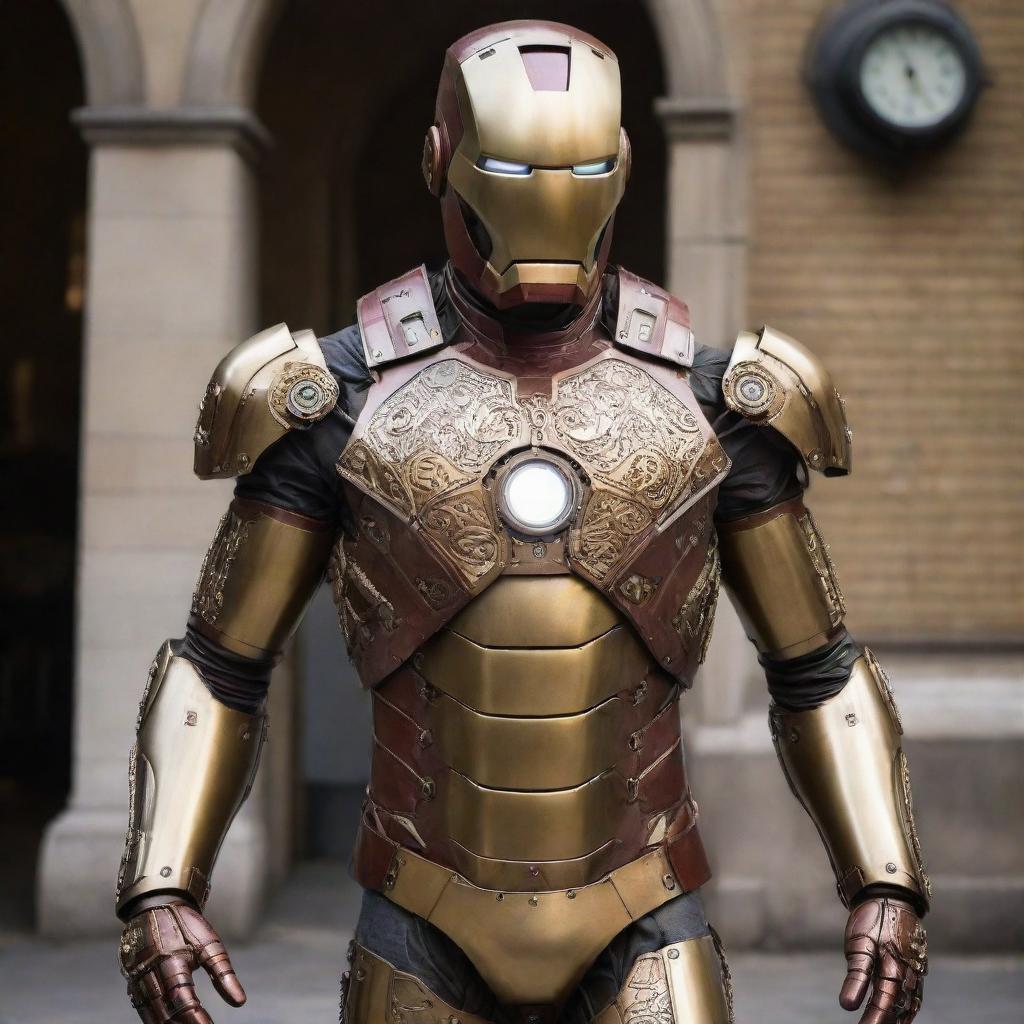 A Gaspunk version of Iron Man's suit, fusing Edwardian aesthetics and gas-powered technology. The suit features ornate decoration with polished brass and leather, conspicuous gas tanks and tubes, gaslights highlighting the armor, and old-world elegance without losing the iconic helmet and chest reactor