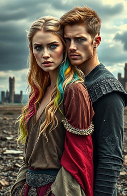 A scene capturing a woman with rainbow-colored hair, embodying resilience as she stands in a desolate landscape, showcasing the remnants of her lost kingdom