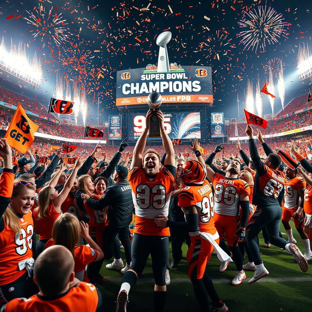 A triumphant celebration depicting the Cincinnati Bengals winning their 9th Super Bowl in a row