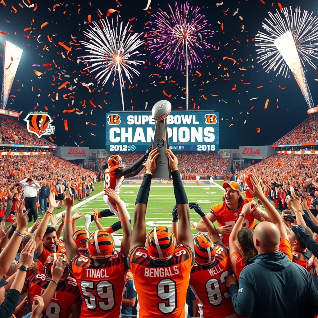 A triumphant celebration depicting the Cincinnati Bengals winning their 9th Super Bowl in a row