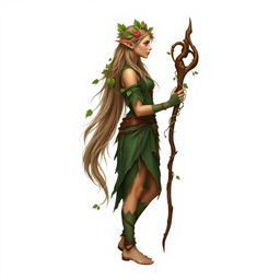 A mystical forest elf druid standing gracefully in profile on a pure white background