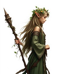 A mystical forest elf druid standing gracefully in profile on a pure white background