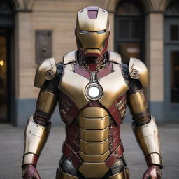 A Gaspunk version of Iron Man's suit, fusing Edwardian aesthetics and gas-powered technology. The suit features ornate decoration with polished brass and leather, conspicuous gas tanks and tubes, gaslights highlighting the armor, and old-world elegance without losing the iconic helmet and chest reactor