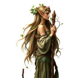 A mystical forest elf druid standing gracefully in profile on a pure white background