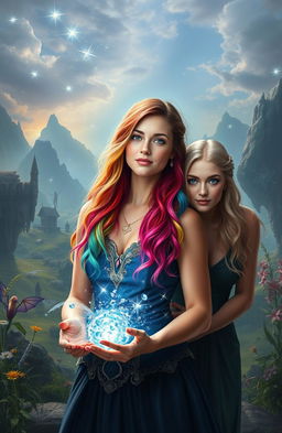 A woman with rainbow-colored hair, looking determined and strong, holding the future of her magical kingdom in her hands