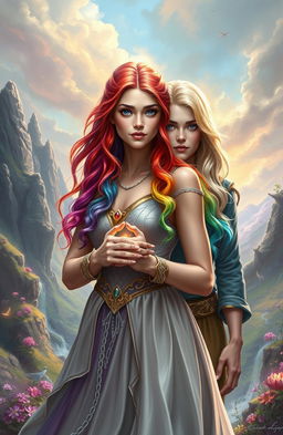 A woman with rainbow-colored hair, looking determined and strong, holding the future of her magical kingdom in her hands