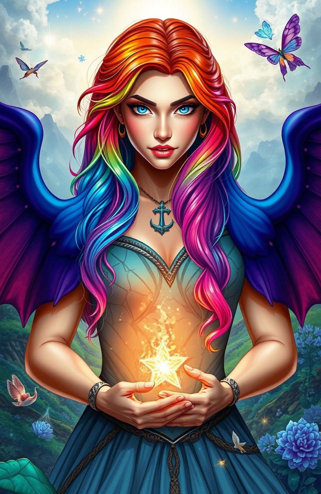 A woman with rainbow-colored hair, looking determined and strong, holding the future of her magical kingdom in her hands