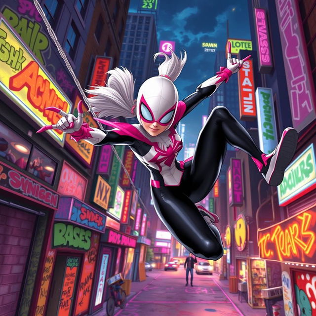 A dynamic and colorful scene inspired by a Spider-Gwen animated movie