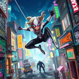 A dynamic and colorful scene inspired by a Spider-Gwen animated movie