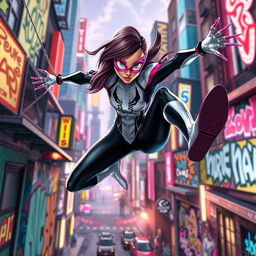 A dynamic and colorful scene inspired by a Spider-Gwen animated movie