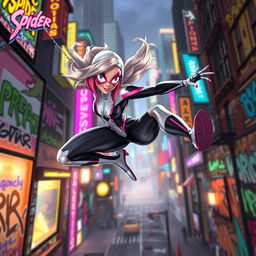 A dynamic and colorful scene inspired by a Spider-Gwen animated movie