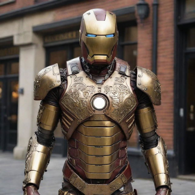 A Gaspunk version of Iron Man's suit, fusing Edwardian aesthetics and gas-powered technology. The suit features ornate decoration with polished brass and leather, conspicuous gas tanks and tubes, gaslights highlighting the armor, and old-world elegance without losing the iconic helmet and chest reactor