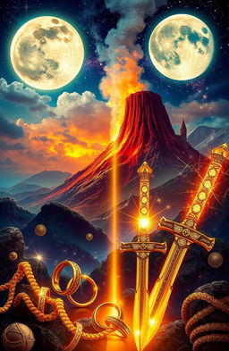 In a mystical medieval world rich with vibrant landscapes and ancient castles, a dramatic scene unfolds under the glow of two ethereal moons