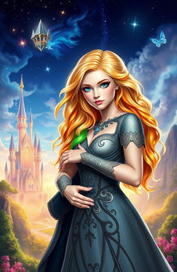 A woman with rainbow-colored hair, embodying a sense of loss and resilience, holding the future of her magical kingdom in her hands