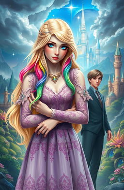 A woman with rainbow-colored hair, embodying a sense of loss and resilience, holding the future of her magical kingdom in her hands