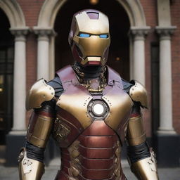 A Gaspunk version of Iron Man's suit, fusing Edwardian aesthetics and gas-powered technology. The suit features ornate decoration with polished brass and leather, conspicuous gas tanks and tubes, gaslights highlighting the armor, and old-world elegance without losing the iconic helmet and chest reactor