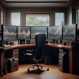 Design an attractive and functional trading desk in a home setting, complete with multiple monitors, comfortable seating, and organized workspace accessories.