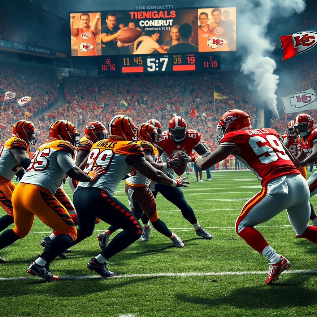 An intense football scene depicting a thrilling matchup between the Cincinnati Bengals and the Kansas City Chiefs