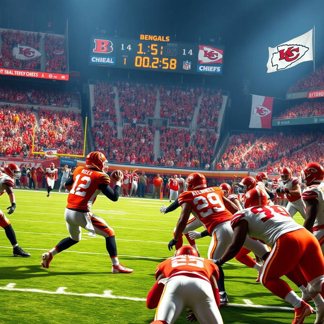 An intense football scene depicting a thrilling matchup between the Cincinnati Bengals and the Kansas City Chiefs