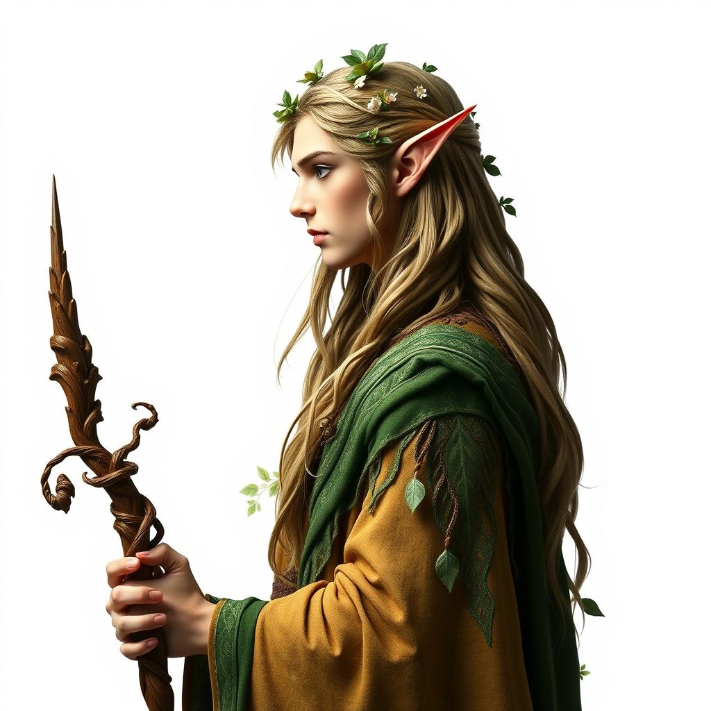 A mystical male forest elf druid standing elegantly in profile on a pure white background