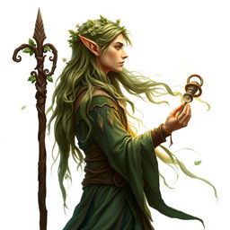A mystical male forest elf druid standing elegantly in profile on a pure white background