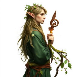 A mystical male forest elf druid standing elegantly in profile on a pure white background