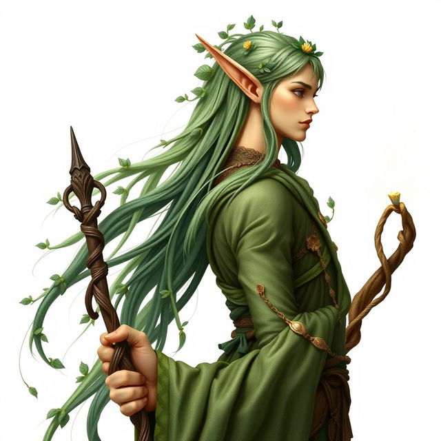 A mystical male forest elf druid standing elegantly in profile on a pure white background