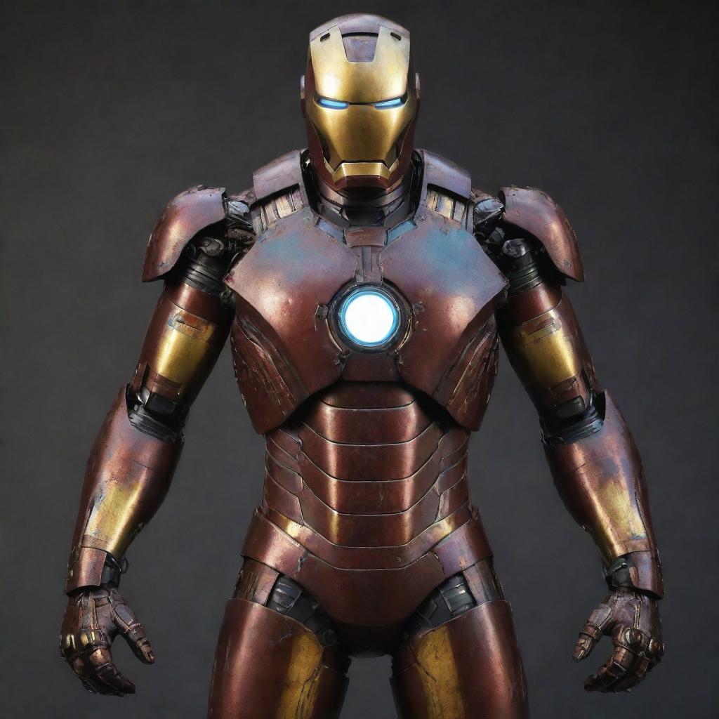 An Oilpunk take on Iron Man's suit, symbolizing a love for grunge and early oil industries. The suit is adorned with deep, oil-slicked colors, piston-driven limbs, continuous oil leak staining the suit, and a gritty, grimy charm. The glowing arc reactor stands out dramatically in the chest plate