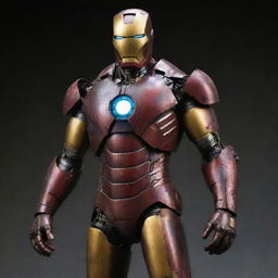 An Oilpunk take on Iron Man's suit, symbolizing a love for grunge and early oil industries. The suit is adorned with deep, oil-slicked colors, piston-driven limbs, continuous oil leak staining the suit, and a gritty, grimy charm. The glowing arc reactor stands out dramatically in the chest plate