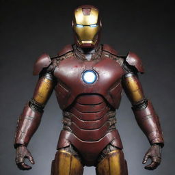 An Oilpunk take on Iron Man's suit, symbolizing a love for grunge and early oil industries. The suit is adorned with deep, oil-slicked colors, piston-driven limbs, continuous oil leak staining the suit, and a gritty, grimy charm. The glowing arc reactor stands out dramatically in the chest plate