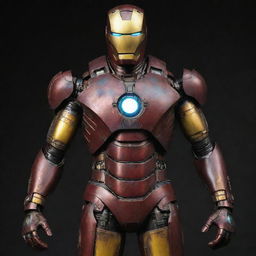 An Oilpunk take on Iron Man's suit, symbolizing a love for grunge and early oil industries. The suit is adorned with deep, oil-slicked colors, piston-driven limbs, continuous oil leak staining the suit, and a gritty, grimy charm. The glowing arc reactor stands out dramatically in the chest plate