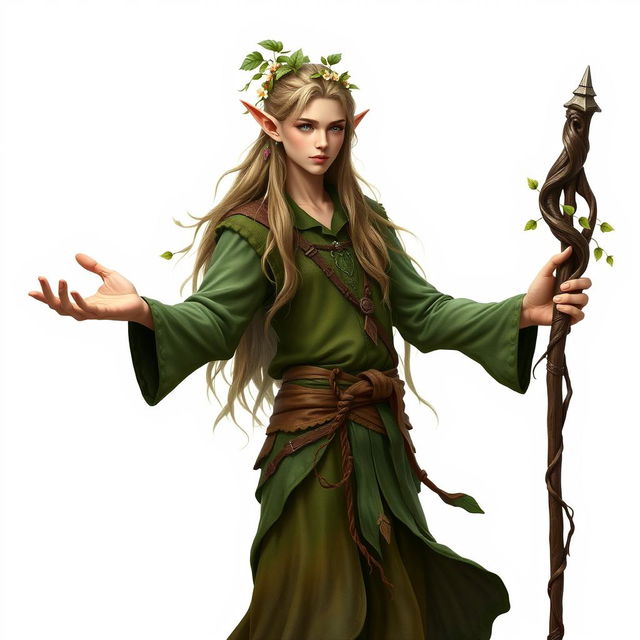 A full-length portrait of a mystical male forest elf druid standing confidently on a pure white background