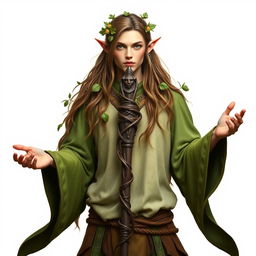 A full-length portrait of a mystical male forest elf druid standing confidently on a pure white background