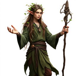A full-length portrait of a mystical male forest elf druid standing confidently on a pure white background