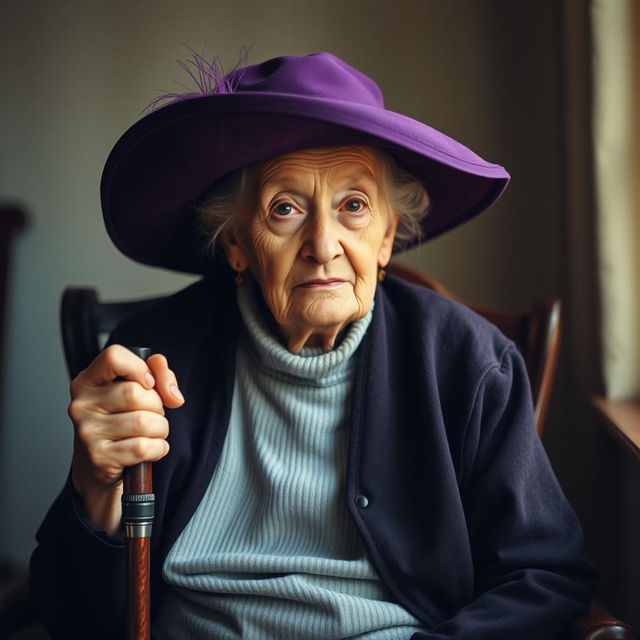 An elderly woman sitting on a vintage wooden chair, holding a cane in her right hand, while her left hand rests gently on her lap