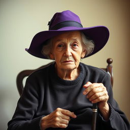 An elderly woman sitting on a vintage wooden chair, holding a cane in her right hand, while her left hand rests gently on her lap