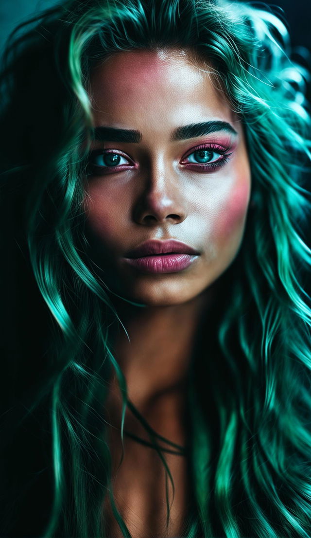 High-definition, 36k raw unfiltered photograph of a stunning young woman with light pink irises, aqua-colored wavy hair, and long dark turquoise eyelashes.