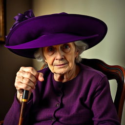 An elderly woman sitting on a vintage wooden chair, holding a cane in her right hand, while her left hand rests gently on her lap