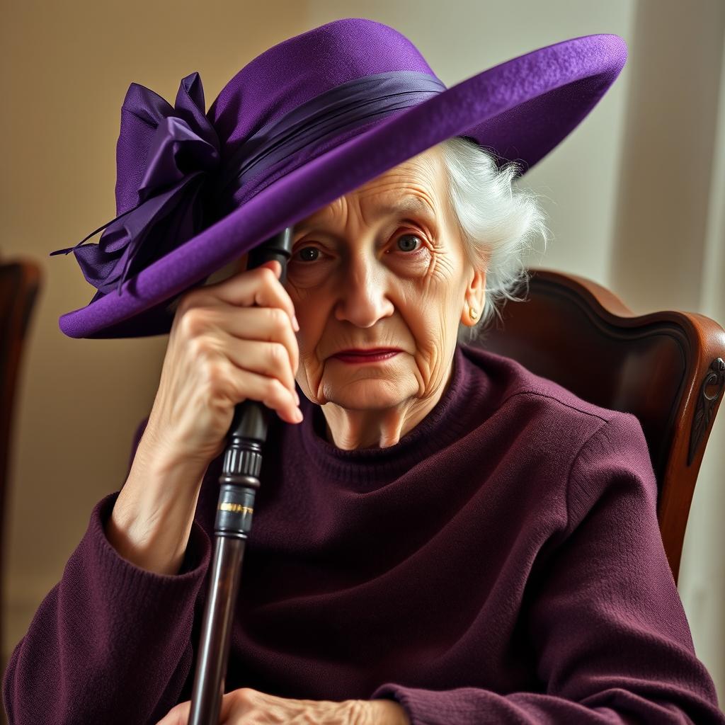 An elderly woman sitting on a vintage wooden chair, holding a cane in her right hand, while her left hand rests gently on her lap