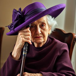 An elderly woman sitting on a vintage wooden chair, holding a cane in her right hand, while her left hand rests gently on her lap