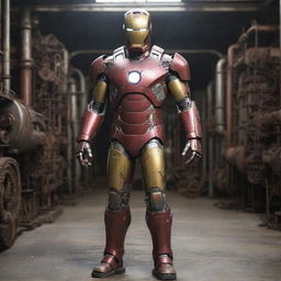 A Factorypunk iteration of Iron Man's suit, embodying industrial revolution grit. The suit has heavy metallic layers, cogs and gears whirring, production line-like continuous motion, and smokestacks venting steam, all while still showcasing the iconic Iron Man helmet and chest reactor