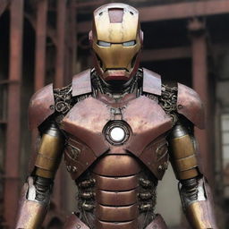 A Factorypunk iteration of Iron Man's suit, embodying industrial revolution grit. The suit has heavy metallic layers, cogs and gears whirring, production line-like continuous motion, and smokestacks venting steam, all while still showcasing the iconic Iron Man helmet and chest reactor