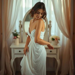 A young woman elegantly removing her dress in a soft, dreamy setting, surrounded by gentle light filtering through sheer curtains