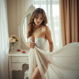 A young woman elegantly removing her dress in a soft, dreamy setting, surrounded by gentle light filtering through sheer curtains